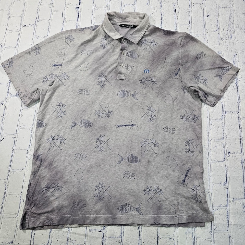 Travis Mathew Gray Blue Fish Palm Trees Short Sleeve Polo Shirt MENS SIZE XL
